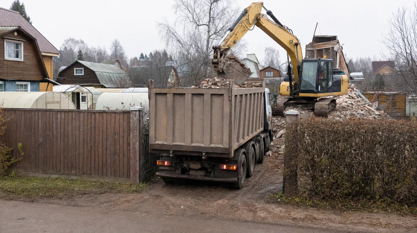 Погрузка бетонного боя в самосвал на участке